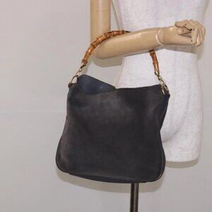 GUCCI Bamboo Hand Bag Suede Leather Gray Gold